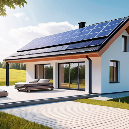 **

Prompt: "A futuristic, 'smart' Polish villa with solar panels and a visible energy storage battery system. The scene is bright and sunny, suggesting energy independence. In the background, subtle Polish countryside landscape. The style should be modern and clean, with a touch of aspirational 'eco-luxury'."

**