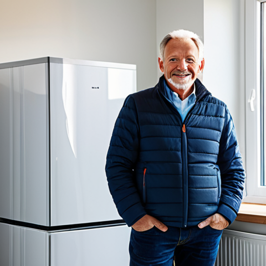 A confident, middle-aged homeowner, fully clothed in comfortable, appropriate attire, stands in a brightly lit, modern utility room. A sleek, white energy storage battery unit with a soft glowing indicator light is prominently featured. Sunlight streams in through a large window, subtly hinting at solar panels on the roof outside. The person looks at the battery with a sense of control and satisfaction. Professional photography, natural pose, perfect anatomy, correct proportions, well-formed hands, proper finger count, natural body proportions, high quality, high resolution, detailed, safe for work, appropriate content, fully clothed, family-friendly.