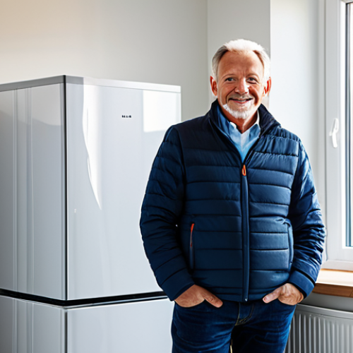 A confident, middle-aged homeowner, fully clothed in comfortable, appropriate attire, stands in a brightly lit, modern utility room. A sleek, white energy storage battery unit with a soft glowing indicator light is prominently featured. Sunlight streams in through a large window, subtly hinting at solar panels on the roof outside. The person looks at the battery with a sense of control and satisfaction. Professional photography, natural pose, perfect anatomy, correct proportions, well-formed hands, proper finger count, natural body proportions, high quality, high resolution, detailed, safe for work, appropriate content, fully clothed, family-friendly.