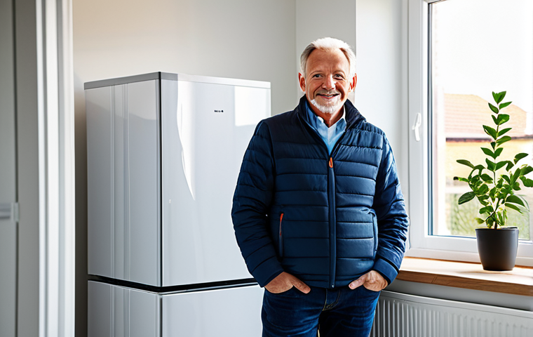 A confident, middle-aged homeowner, fully clothed in comfortable, appropriate attire, stands in a brightly lit, modern utility room. A sleek, white energy storage battery unit with a soft glowing indicator light is prominently featured. Sunlight streams in through a large window, subtly hinting at solar panels on the roof outside. The person looks at the battery with a sense of control and satisfaction. Professional photography, natural pose, perfect anatomy, correct proportions, well-formed hands, proper finger count, natural body proportions, high quality, high resolution, detailed, safe for work, appropriate content, fully clothed, family-friendly.